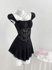 Elamini 女士提花针织腰果花纹理收腰连衣裙 - 黑色 - 查看 4