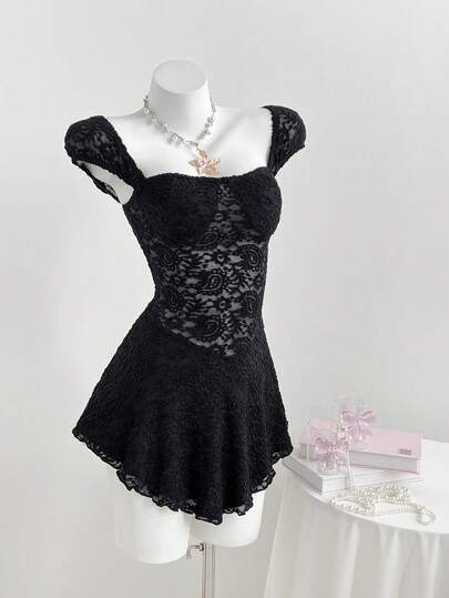 Elamini Women's Jacquard Knit Cashew Flower Textured Waist Cinched Dress