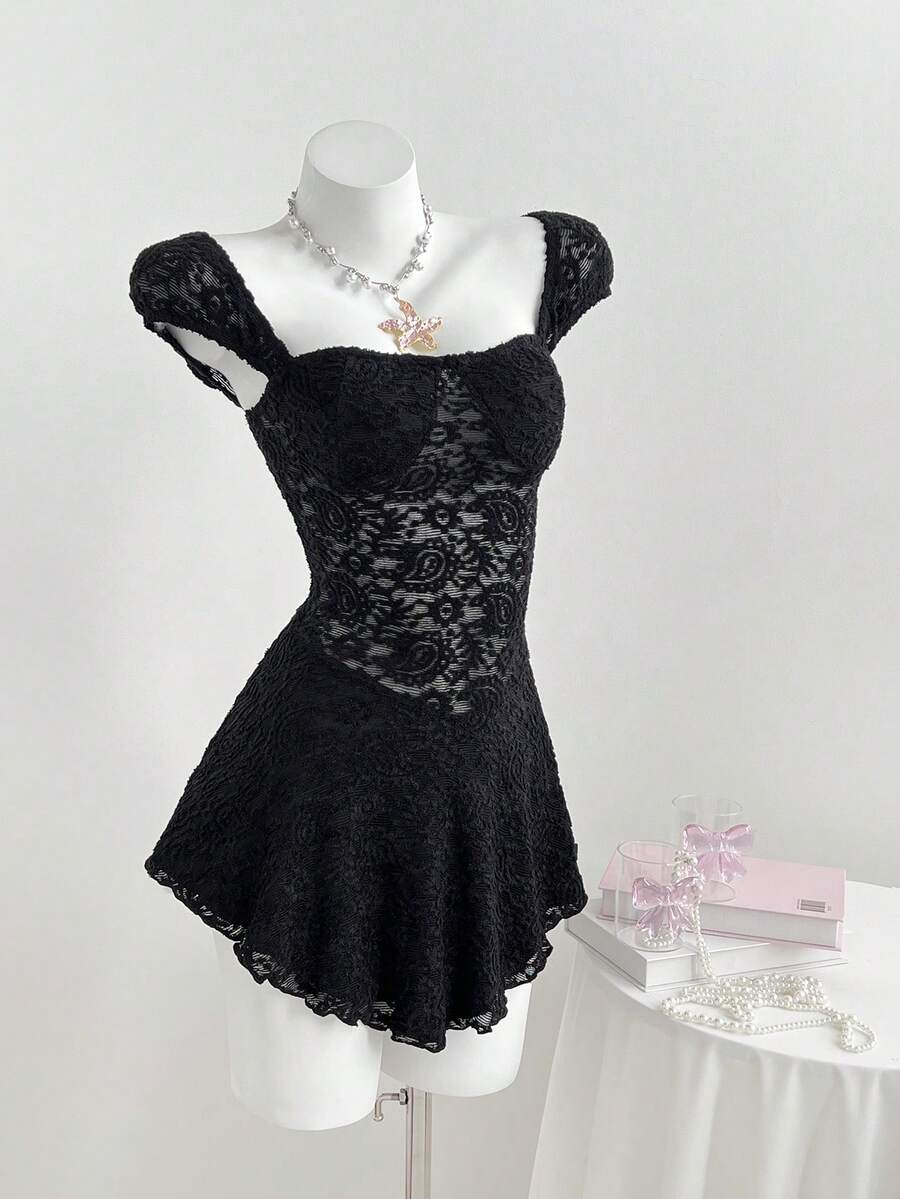 Elamini 女士提花针织腰果花纹理收腰连衣裙 - 黑色 - 查看 1