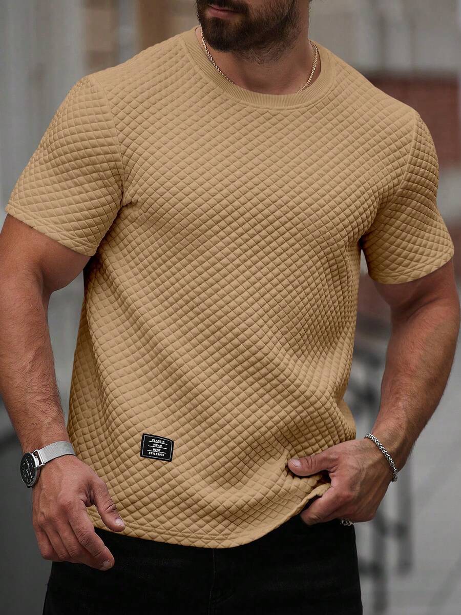 Manfinity Homme Men's Letter Graphic Round Neck Short Sleeve Casual Versatile T-Shirt,2026 New Arrival Men's Casual Tee | Khaki Waffle Knit | Crew Neck | Relaxed Fit | Streetwear & Daily - Khaki - View 1