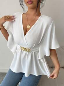 SHEIN Elenzya Áo kiểu nữ thời trang mới, màu trơn, cổ chữ V, chất liệu vải dệt, tay bồng, thắt eo, viền bèo nhún, kiểu dáng thanh lịch, thường ngày, ôm sát. - trắng - Xem 4