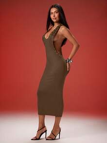 Denimoi Women's Sexy Fashion Street Chic Solid Deep V-Neck Crisscross Back Grommet Bodycon Dress - Brown - View 5