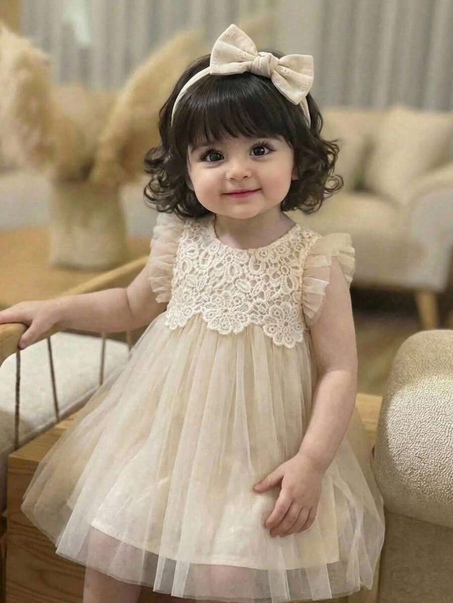 SHEIN Babygirl Cute & Elegant Apricot Floral Lace Mesh Cap Sleeve Dress - Apricot - View 1