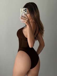 Swim SXY 女士性感网纱拼接可调节肩带连体泳衣，修身款，春夏款 - 咖啡棕 - 查看 2