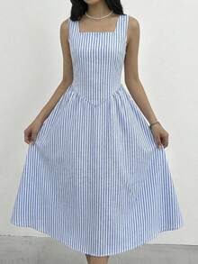 少女度假风方领无袖蓝白条纹优雅中长连衣裙 - 藍色 - 查看 8
