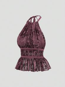 Elamini New Pleated Spaghetti Strap Tie Waist Sleeveless Crop Top, Spring/Summer - Purple - View 5