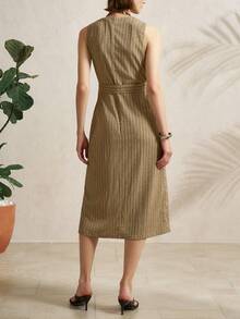 Airaco Women's Casual Everyday/Work Commute Striped Print Flap Pocket Belted Sleeveless Dress, Summer - Brown - View 2