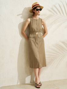 Airaco Women's Casual Everyday/Work Commute Striped Print Flap Pocket Belted Sleeveless Dress, Summer - Brown - View 6