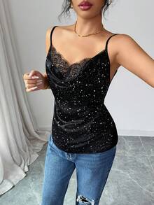 Rafferiza Women's Elegant Silver Foil Splice Lace Camisole For Summer - Black - View 4