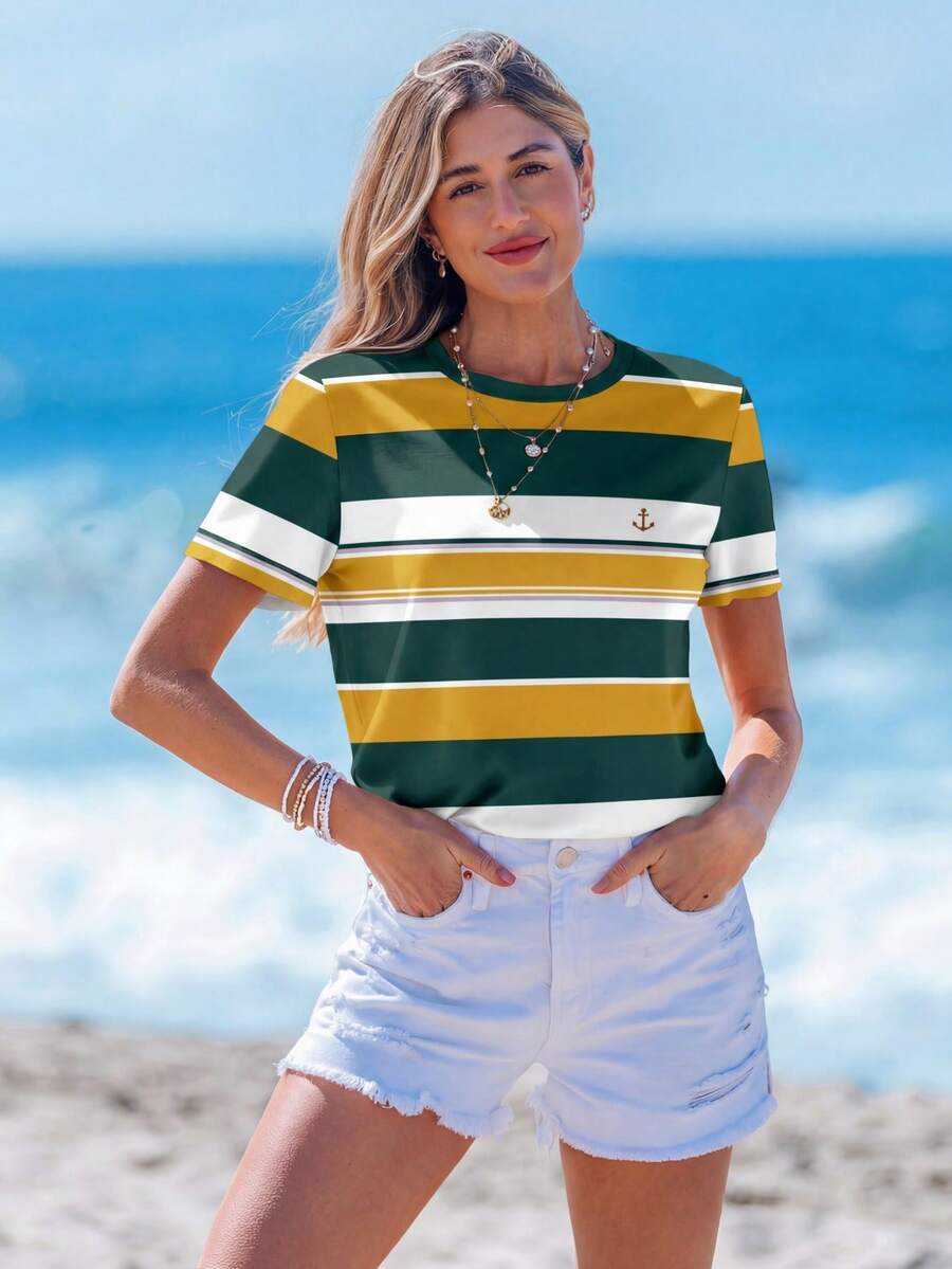 Sylviya 女士休闲简约航海条纹图案圆领宽松短袖T恤，适合春夏度假穿着 - 彩色 - 查看 1