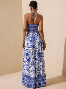 Lyxana Women's Tropical Plant Print Halter Casual Dress, Vacation - Blue and White - View 2