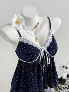 Flirla 海军蓝波点蝴蝶结蕾丝边吊带背心，女士百搭单品，适合野餐、度假、日常穿着 - 白色 - 查看 3