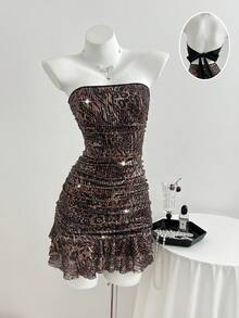 SHEIN Unity Women's Leopard Print Rhinestone Decor Bodycon Mini Dress, Sexy Off-Shoulder Knit Wrap Dress - Brown - View 1