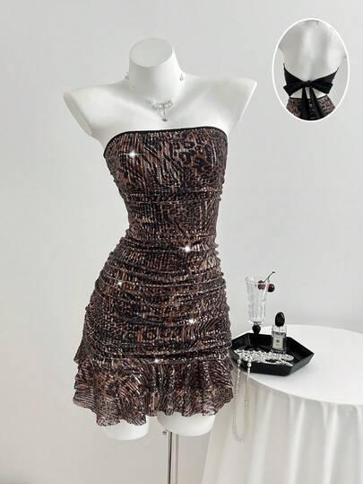 Elamini Women's Leopard Print Rhinestone Decor Bodycon Mini Dress, Sexy Off-Shoulder Knit Wrap Dress