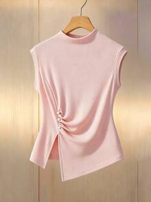 Franclia Women's Fashion Front Ruched Split Hem T-Shirt, Summer Tops For Women Elegant Light Pink Tops Pink Top Women Baby Pink Tops Sleeveless Pink Top - Pink - View 1