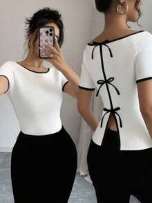 Rafferiza 女士优雅通勤撞色饰边蝴蝶结腰部开衩T恤 - 白色 - 查看 1