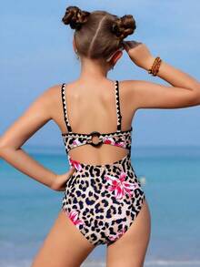 Tween Girl Leopard & Floral Print Spaghetti Strap One-Piece Swimsuit - Multicolor - View 2