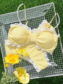 Swim Mod New Mesh Embroidery Decor Sweet Blue & White Striped Bikini Set - Yellow - View 4