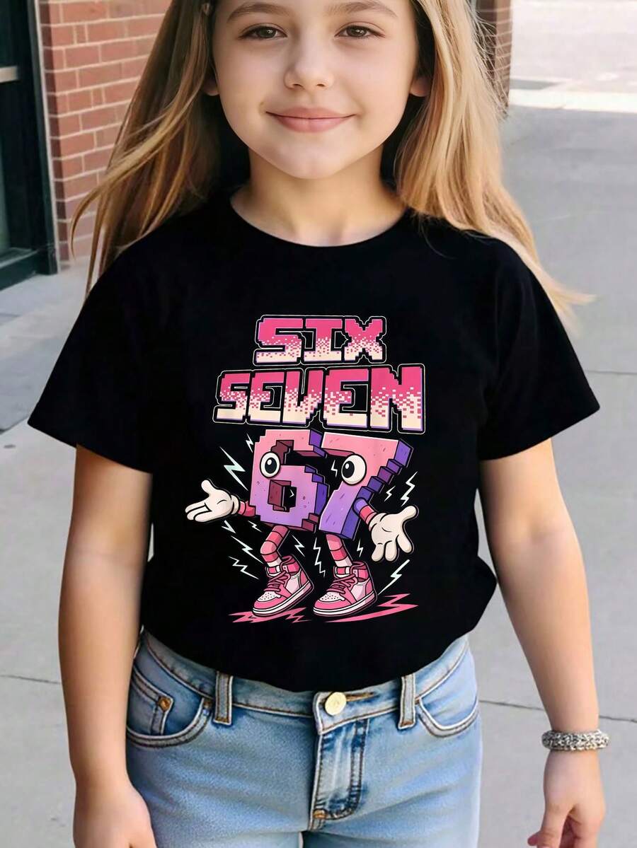 少女休闲简约“67”图案印花短袖圆领T恤,适合外出穿着;黑色短袖上衣,“Six Seven”上衣,适合夏季及所有季节穿着。 - 黑色 - 查看 1