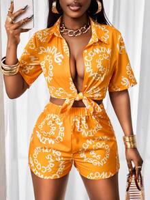 BamGleam Conjunto casual de 2 piezas para mujer con camiseta con estampado total y fruncido delantero, y shorts de cintura elástica, conjunto de playa para mujer, conjunto de vacaciones para mujer, ropa de verano de 2 piezas para mujer, conjunto casual de 2 piezas para mujer - Amarillo - Ver 3