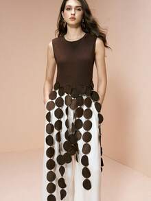 Arave 女士弹力针织不对称镂空圆形贴片流苏拼接优雅约会上衣 - 棕色 - 查看 1