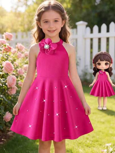 Young Girls Fuchsia Halter Neck Floral Pearl Decor A-Line Dress, Sweet Princess Style Suitable For Birthday Party, Summer