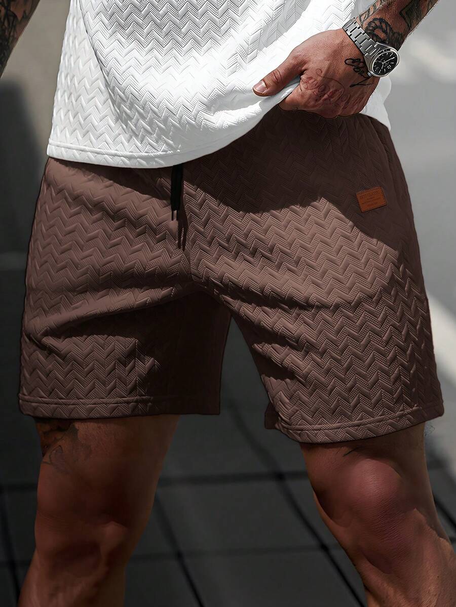 Manfinity CasualCool Quần short nam mùa hè chất liệu jacquard, có dây rút, cổ áo bo gân và miếng vá da, món quà lý tưởng cho bạn trai hoặc chồng. - Cà phê nâu - Xem 1