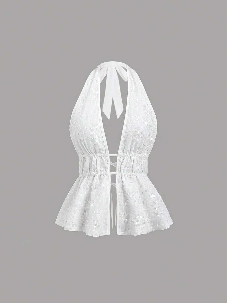 Sweetra 性感V领串珠露背吊带背心，波西米亚风格，适合夏季度假和派对 - 白色 - 查看 1