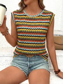 SHEIN LUNE 复古撞色条纹无袖圆领休闲T恤，夏季 - 彩色 - 查看 5