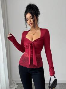 Rafferiza Élégant T-shirt à manches longues avec nœud papillon, kaki - Rouge foncé - Voir 3