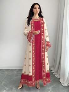 SHEIN Najma 女士花卉图案拼接数码印花优雅圆领长款连衣裙搭配阿巴雅开衫，春夏两件套 - 彩色 - 查看 4