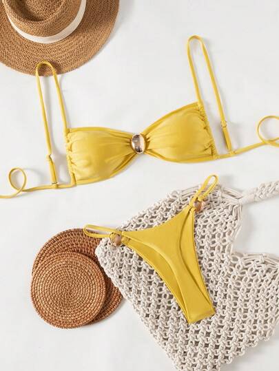 Swim Chiccia 2pcs Women Summer Vacation Beachwear Outfits, Solid Color Spaghetti Strap Gold Circle Decor Bandeau Top And Thong Bikini Set Beach Accessories Yellow Bathing Suits Swimwear Bikini Sets For Women Yellow Bikini Push Up Swimwear