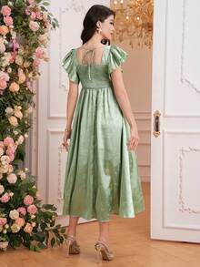 Momance D 孕妇连衣裙，方领，荷叶袖，绿色纹理面料，春夏款 - 綠色 - 查看 2