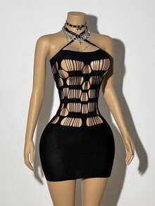 SHEIN Jeanoir 女士性感黑色镂空交叉吊带连衣裙 - 黑色 - 查看 1