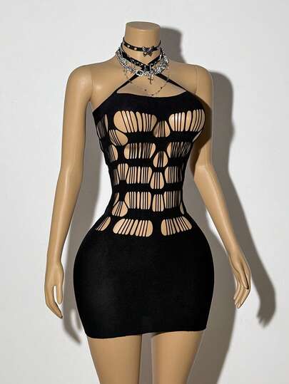 SHEIN Jeanoir Women's Sexy Black Hollow Cross Halter Dress
