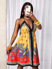 BamGleam Women's Spaghetti Strap Tie Backless Floral Print Ruffle Sexy Date Party Mid-Length Slip Dress - Multicolor - View 4