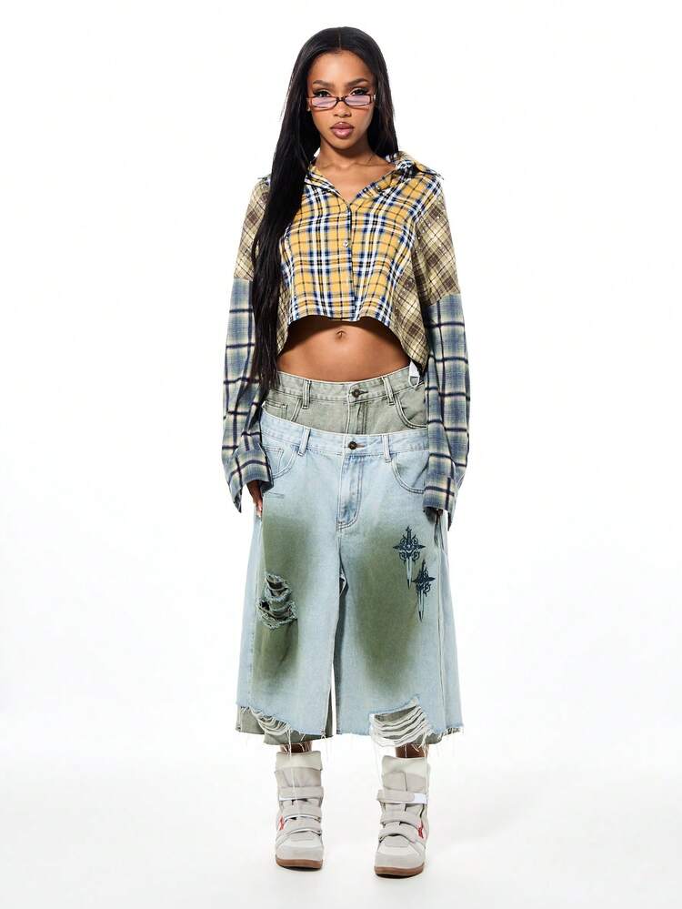 SUMWON WOMEN Oversized Patchwork Plaid Button Shirt