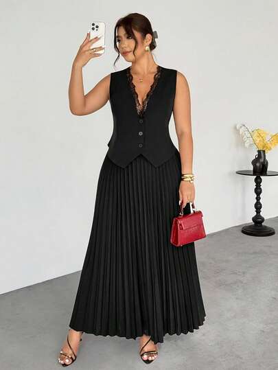 Firerie Plus Size Women Solid Color Contrast Lace Single-Breasted Vest And Pleated Midi Skirt Elegant Suit Set Black Elegant Dress Women Pleated Dresses Black Maxi Dress Black Dress Women Spring/Summer Elegant Vacation Dresses For Women Wedding Guest Dress For Women Graduation Dress For Women Festival Outfits For Women