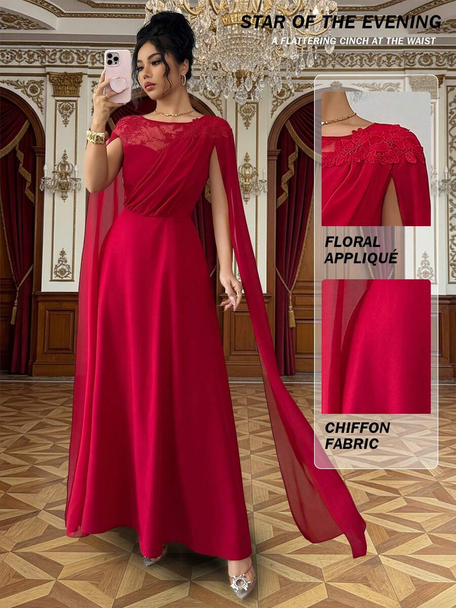 Rafferiza 女士长袖撞色网纱刺绣连衣裙 - 紅色 - 查看 1