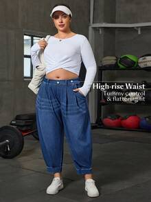 Flexra 大码女式口袋纽扣休闲牛仔哈伦裤，百搭街头风 - 深色水洗藍 - 查看 6