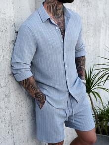 Manfinity Homme Men's Dusty Blue Textured Jacquard Striped 2 Pieces Suit Set,Autumn Casual Vacation Holiday Solid Color Long Sleeve Button Up Shirt And Shorts Set - Baby Blue - View 6