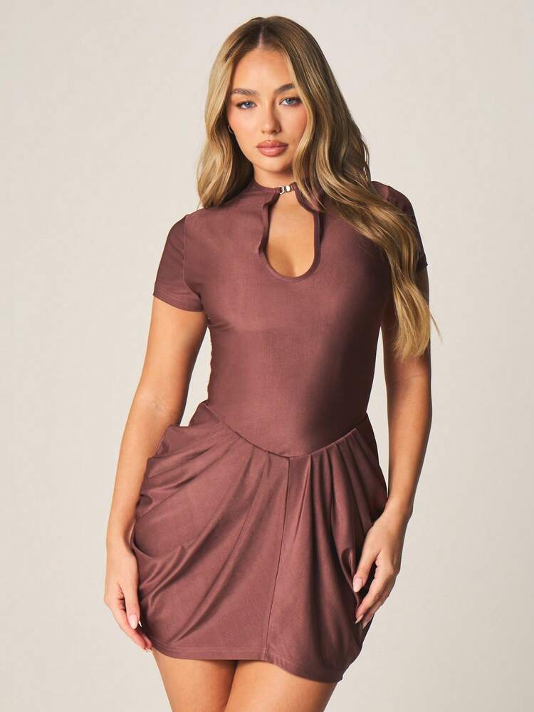 MISSGUIDED Burgundy Slinky Cap Sleeve Keyhole Cutout Draped Bodycon Mini Dress For Night Out Party Evening