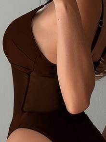 Swim SXY 女士性感网纱拼接可调节肩带连体泳衣，修身款，春夏款 - 咖啡棕 - 查看 4