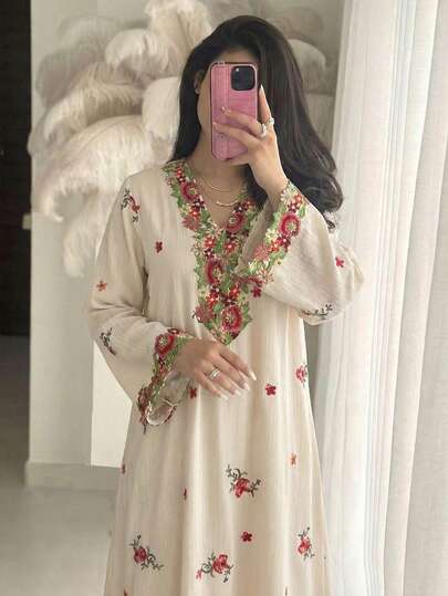 Yasmyna Women's Spring/Summer Woven Textured Printed Long Sleeve Embroidered Collar Elegant Arabic Dress