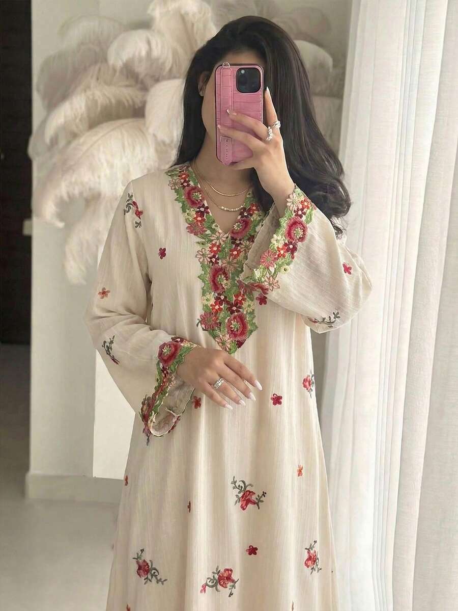 Yasmyna Women's Spring/Summer Woven Textured Printed Long Sleeve Embroidered Collar Elegant Arabic Dress - Multicolor - View 1