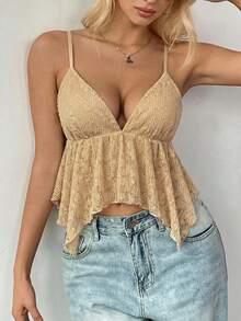 Glamine Áo hai dây ren trắng vạt lệch cho nữ mùa hè - Màu Khaki - Xem 5