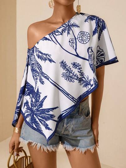 Vesra Women's Fashion Casual Asymmetric Printed Shoulder Top