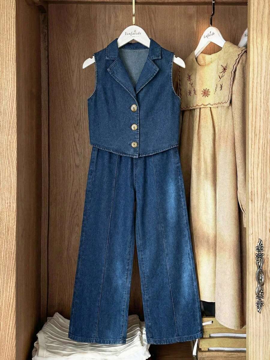 SHEIN 2件套少女休闲优雅纯色翻领单排扣背心和裤子套装,少女夏季牛仔两件套,适合外出、活动、派对、度假、春夏,休闲风格,宽松版型,少女夏季海滩波西米亚风度假休闲装,锐舞音乐会音乐节服装 - 中等水洗藍 - 查看 1