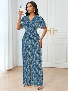 Lyxana V领短袖条纹印花弹力腰修身优雅休闲连体裤（女款） - 彩色 - 查看 4