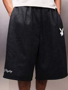 PLAYBOY X SUMWON Pantalones cortos de baloncesto y streetwear con cintura con cordón, ajuste holgado y por encima de la rodilla, con logo de conejo - Negro - Ver 1